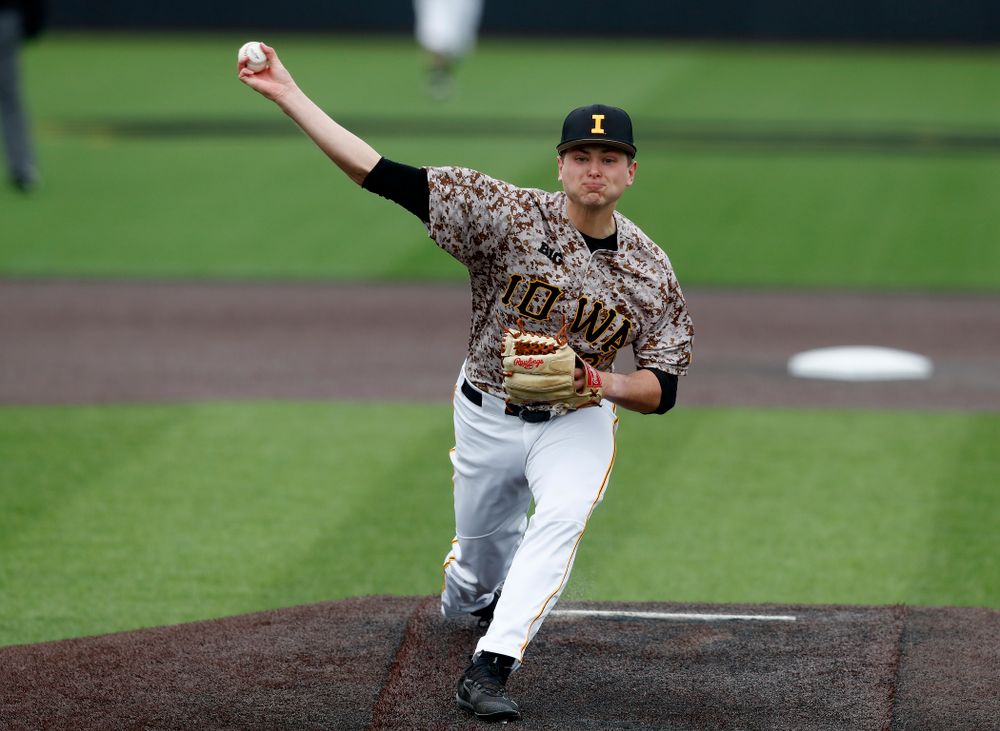 Iowa Hawkeyes pitcher Brady Schanuel (27) during a double header against the Indiana Hoosiers Friday, March 23, 2018 at Duane Banks Field. (Brian Ray/hawkeyesports.com)