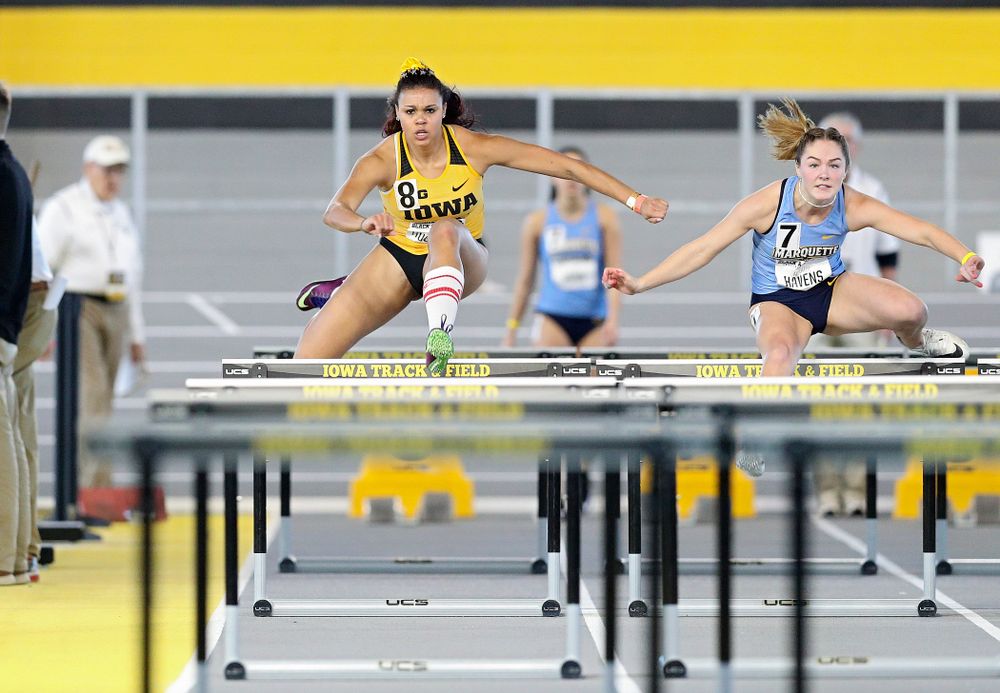 Iowa’s Dallyssa Huggins runs the women’s 60 meter hurdles event at the Black and Gold Invite at the Recreation Building in Iowa City on Saturday, February 1, 2020. (Stephen Mally/hawkeyesports.com)