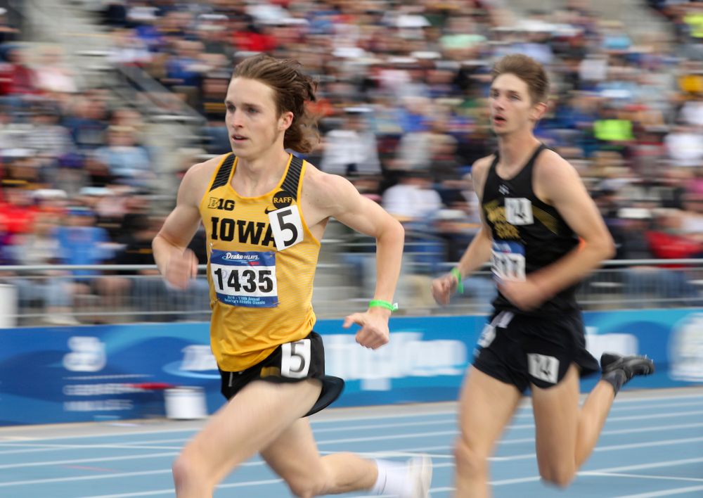 Iowa's Nathan Mylenek runs the men's 1500 meter run event during the second day of the Drake Relays at Drake Stadium in Des Moines on Friday, Apr. 26, 2019. (Stephen Mally/hawkeyesports.com)