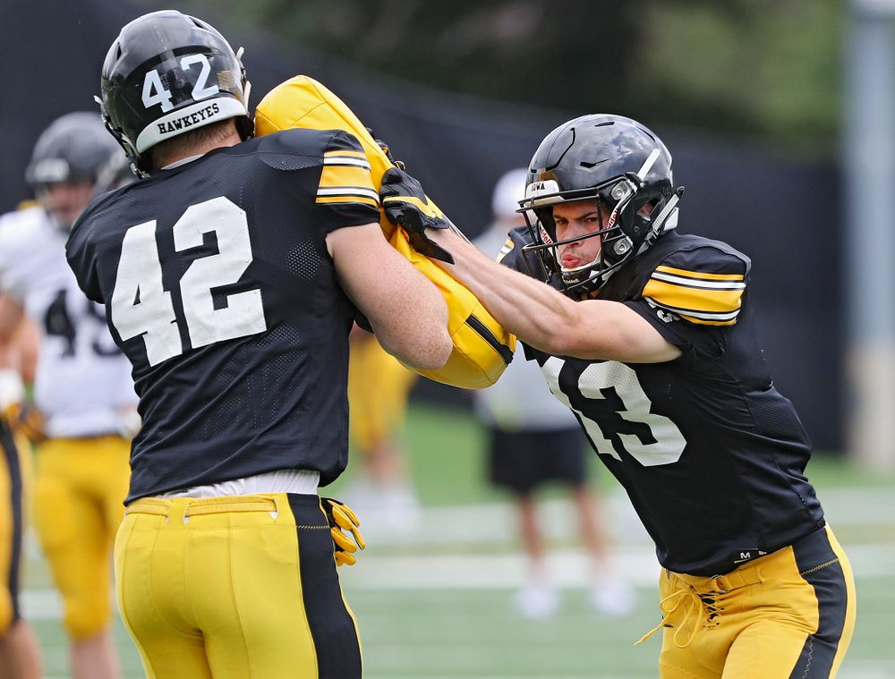 Iowa Hawkeyes wide receiver Henry Marchese (13) eyes tight end Shaun Beyer (42) as they run a drill during Fall Camp Practice No. 10 at the Hansen Football Performance Center in Iowa City on Tuesday, Aug 13, 2019. (Stephen Mally/hawkeyesports.com)