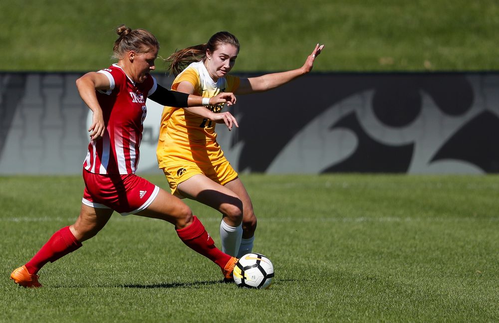 Iowa Hawkeyes midfielder Sydney Blitchok (11) fights for possession during a game against Indiana at the Iowa Soccer Complex on September 23, 2018. (Tork Mason/hawkeyesports.com)