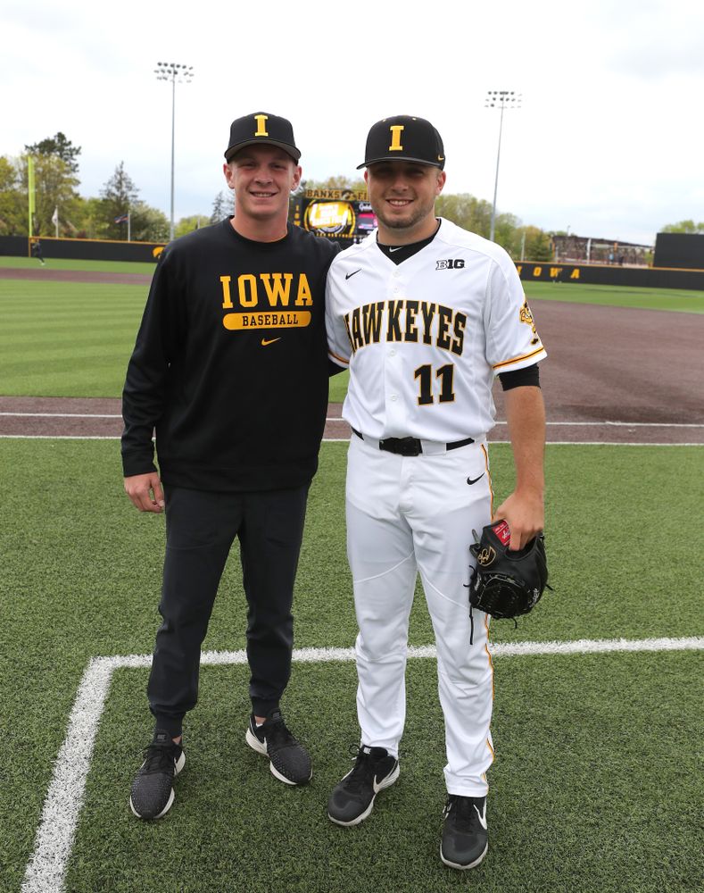 Iowa Hawkeyes Cole McDonald (11) and Ryan Gorman before their game against Michigan State Sunday, May 12, 2019 at Duane Banks Field. (Brian Ray/hawkeyesports.com)