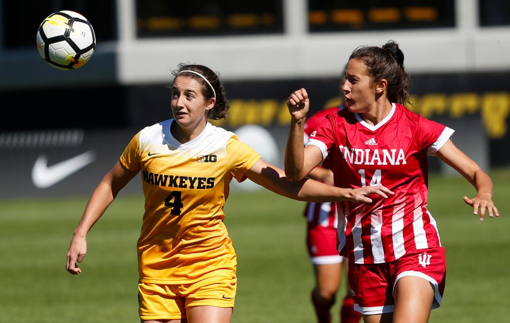 Iowa Hawkeyes forward Kaleigh Haus (4) battles for possession during a game against Indiana at the Iowa Soccer Complex on September 23, 2018. (Tork Mason/hawkeyesports.com)