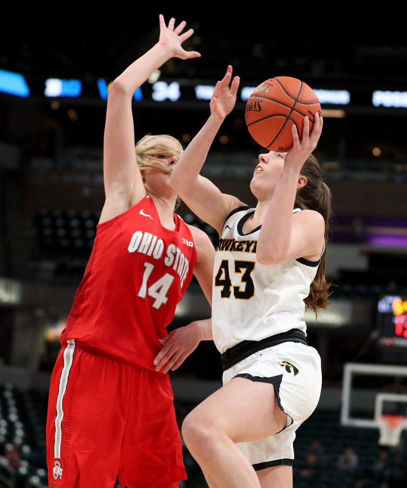 Iowa Hawkeyes forward Amanda Ollinger (43) against Ohio State in the quarterfinals of the Big Ten Basketball Tournament Friday, March 6, 2020 at Bankers Life Fieldhouse in Indianapolis. (Brian Ray/hawkeyesports.com)