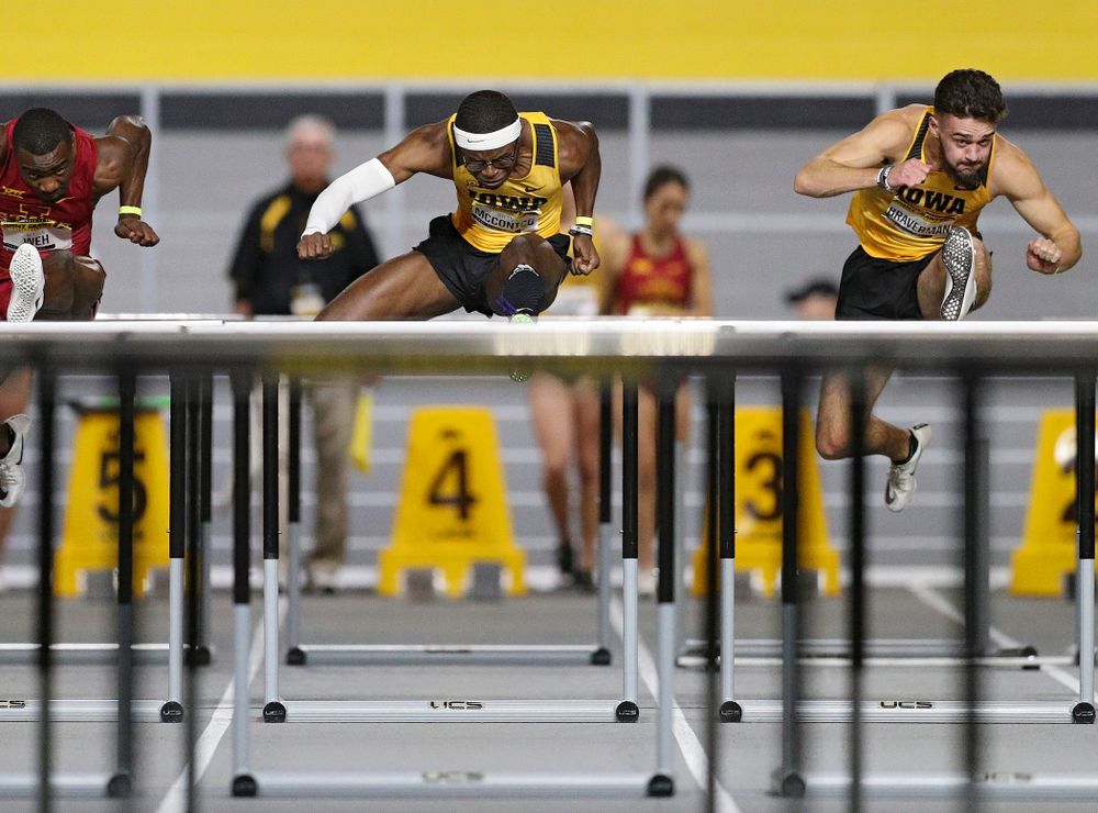 Iowa’s Jaylan McConico runs the men’s 60 meter hurdles event during the Jimmy Grant Invitational at the Recreation Building in Iowa City on Saturday, December 14, 2019. (Stephen Mally/hawkeyesports.com)