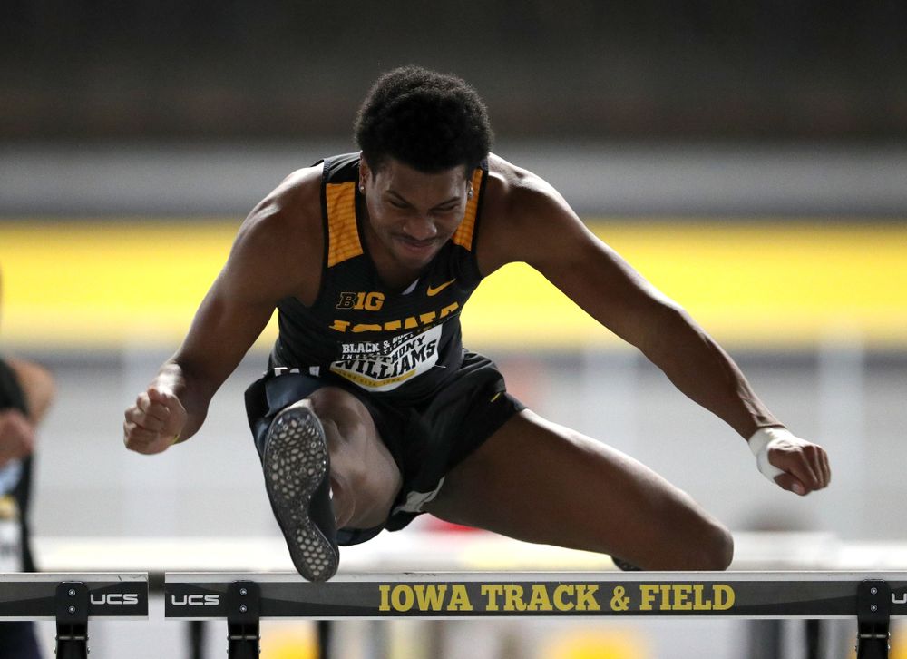 Iowa's Anthony Williams competes in the 60-meter hurdles during the Black and Gold Premier meet Saturday, January 26, 2019 at the Recreation Building. (Brian Ray/hawkeyesports.com)