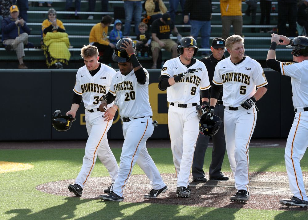 Iowa Hawkeyes Zeb Adreon (5) celebrates after hitting a grand slam against the Michigan State Spartans Friday, May 10, 2019 at Duane Banks Field. (Brian Ray/hawkeyesports.com)