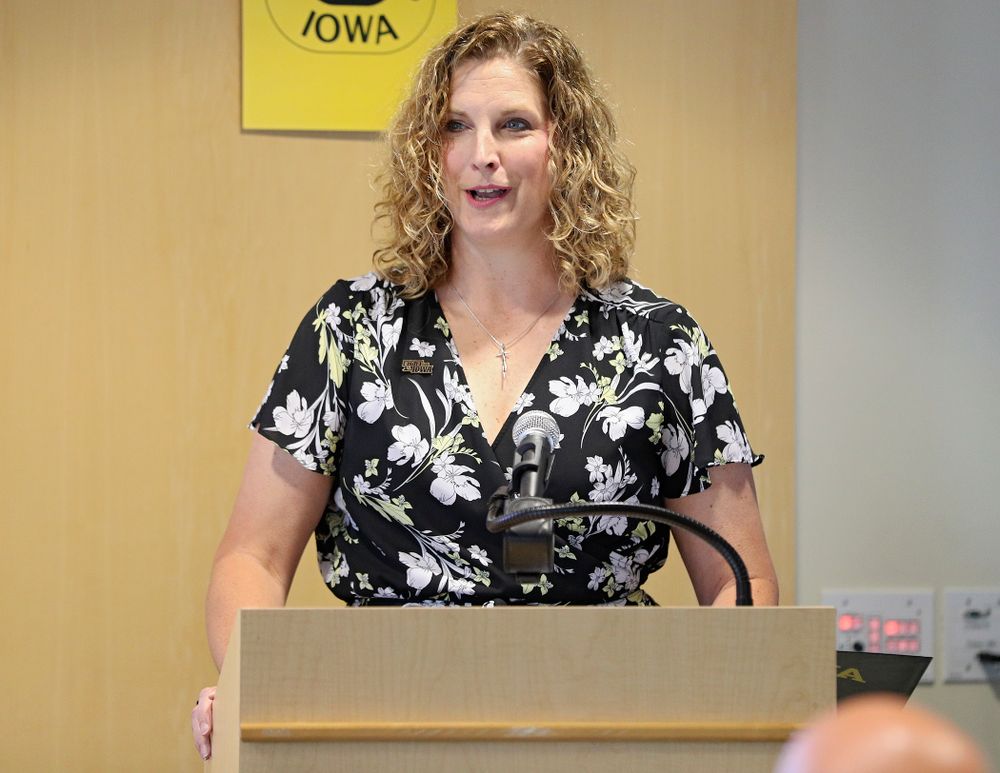 Barb Randall, Iowa Varsity Club Co-Chair, speaks during the press conference to discuss FryFEST and announce the 2019 Iowa Athletics Hall of Fame members in the Varsity Club Room at the University of Iowa Athletics Hall of Fame in Iowa City on Tuesday, Jun 11, 2019. (Stephen Mally/hawkeyesports.com)