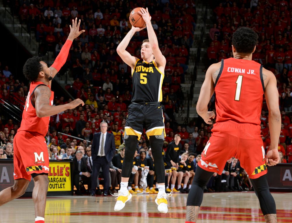 Iowa Hawkeyes guard CJ Fredrick (5) puts up a shot during their game at the Xfinity Center in College Park, MD on Thursday, January 30, 2020. (University of Maryland Athletics)