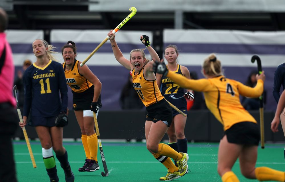 Iowa Hawkeyes Katie Birch (11) celebrates the game winning goal against the Michigan Wolverines in the semi-finals of the Big Ten Tournament Friday, November 2, 2018 at Lakeside Field on the campus of Northwestern University in Evanston, Ill. (Brian Ray/hawkeyesports.com)