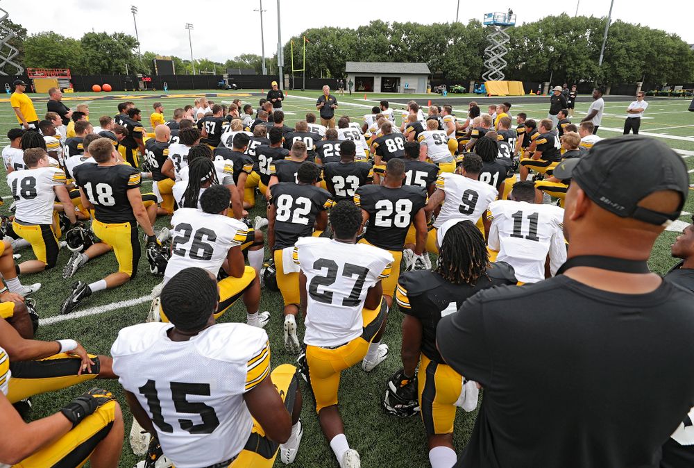 University of Iowa President Bruce Harreld talks to the team during Fall Camp Practice No. 10 at the Hansen Football Performance Center in Iowa City on Tuesday, Aug 13, 2019. (Stephen Mally/hawkeyesports.com)