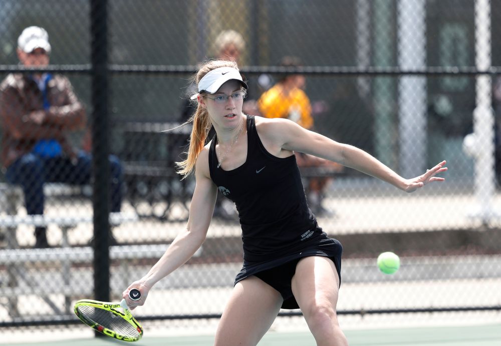 Iowa's Montana Crawford against the Wisconsin Badgers Sunday, April 22, 2018 at the Hawkeye Tennis and Recreation Center. (Brian Ray/hawkeyesports.com)