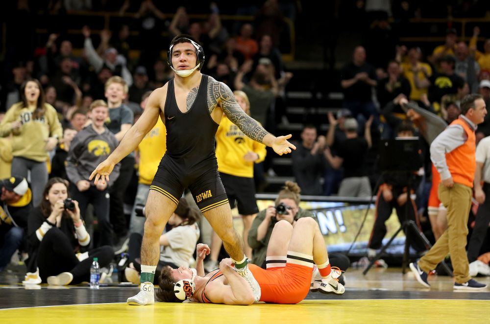 Iowa’s Pat Lugo Wrestles Oklahoma State’s Boo Luwallen at 149 pounds Sunday, February 23, 2020 at Carver-Hawkeye Arena. Lugo won the match by fall. (Brian Ray/hawkeyesports.com)
