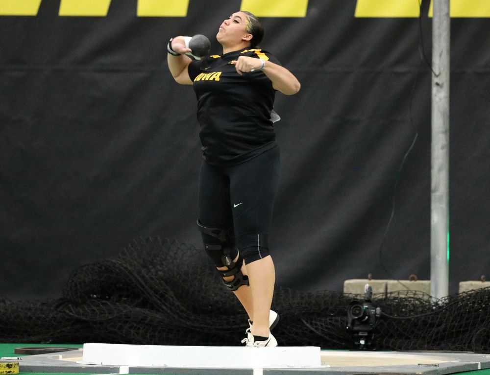 Iowa’s Kat Moody throws in the women’s shot put event during the Larry Wieczorek Invitational at the Hawkeye Tennis and Recreation Complex in Iowa City on Friday, January 17, 2020. (Stephen Mally/hawkeyesports.com)