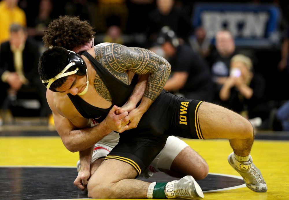Iowa’s Pat Lugo wrestles Ohio State’s Sammy Sasso at 149 pounds Friday, January 24, 2020 at Carver-Hawkeye Arena. Sasso won the match with a 2-1 in overtime. (Brian Ray/hawkeyesports.com)