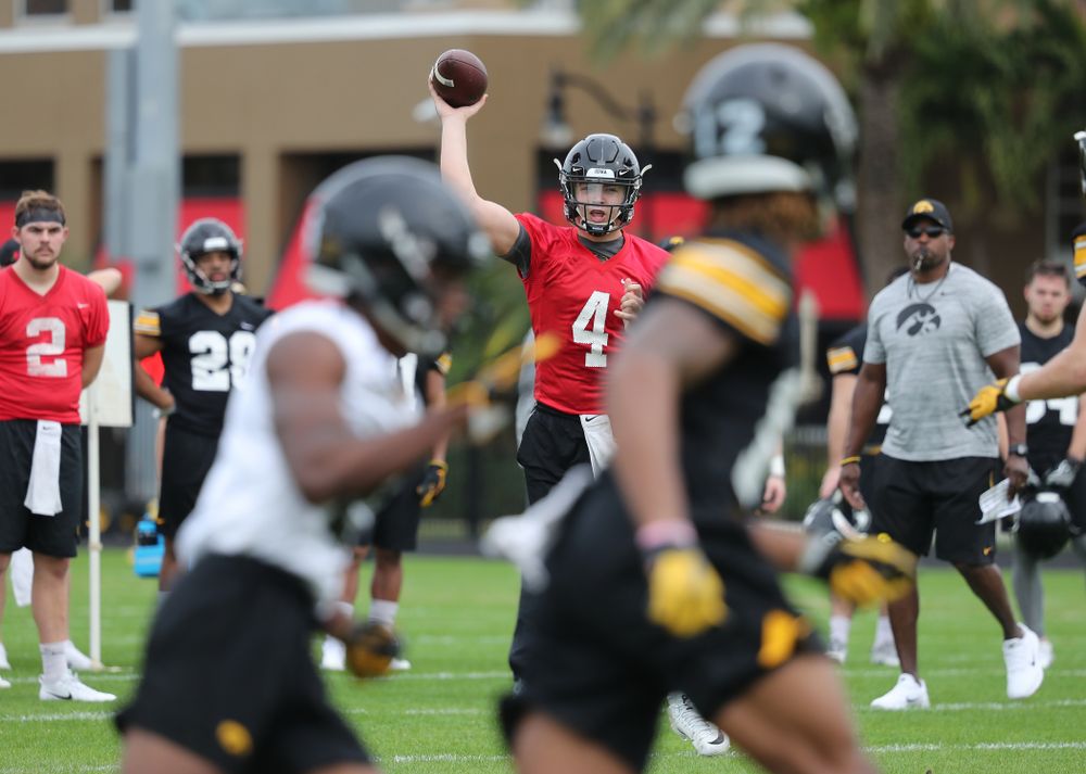 Iowa Hawkeyes quarterback Nate Stanley (4) during the team's first Outback Bowl Practice in Florida Thursday, December 27, 2018 at Tampa University. (Brian Ray/hawkeyesports.com)
