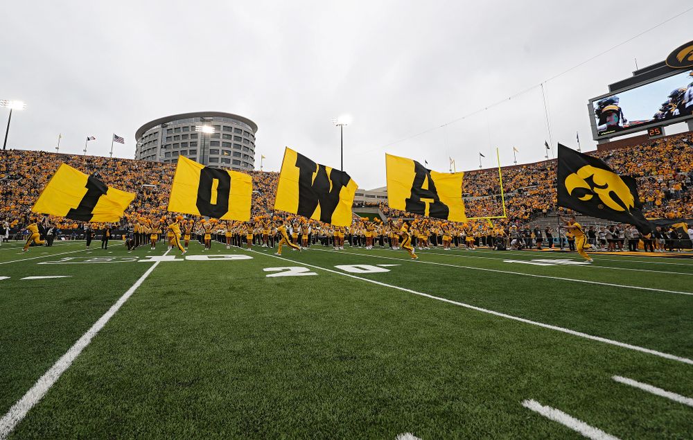 The Hawkeyes take the field before their game at Kinnick Stadium in Iowa City on Saturday, Sep 28, 2019. (Stephen Mally/hawkeyesports.com)