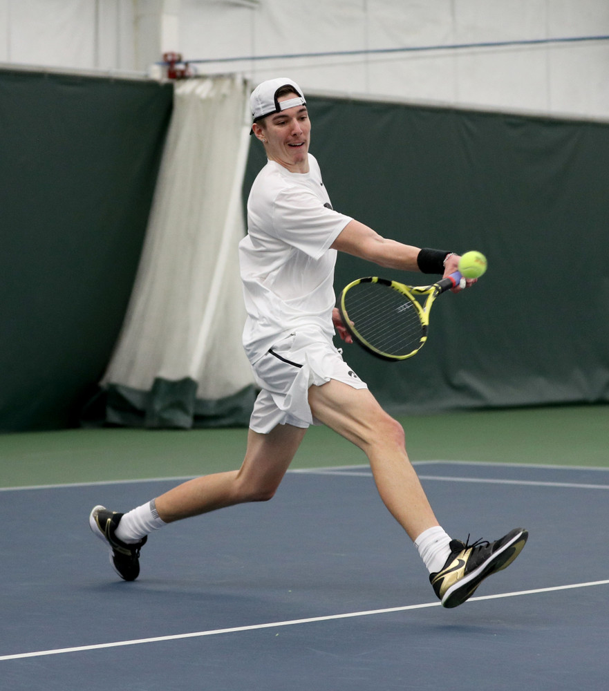 Iowa’s Nikita Snezhko against Cornell Sunday, March 8, 2020 at the Hawkeye Tennis and Recreation Center. (Brian Ray/hawkeyesports.com)