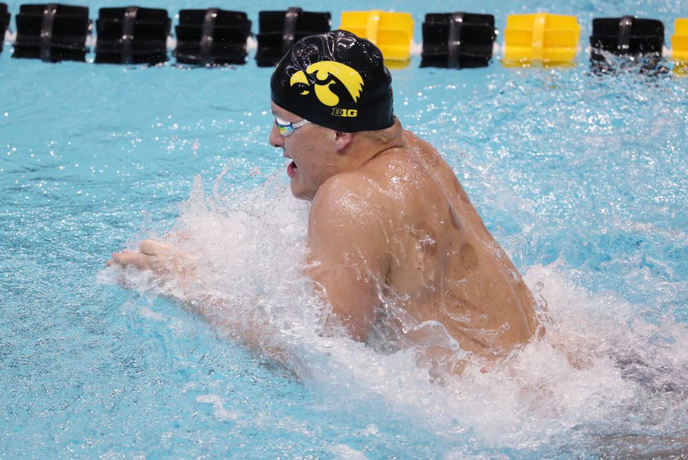 IowaÕs Will Myhre swims the breaststroke leg of the 200 Medley Relay against Notre Dame and Illinois Saturday, January 11, 2020 at the Campus Recreation and Wellness Center.  (Brian Ray/hawkeyesports.com)