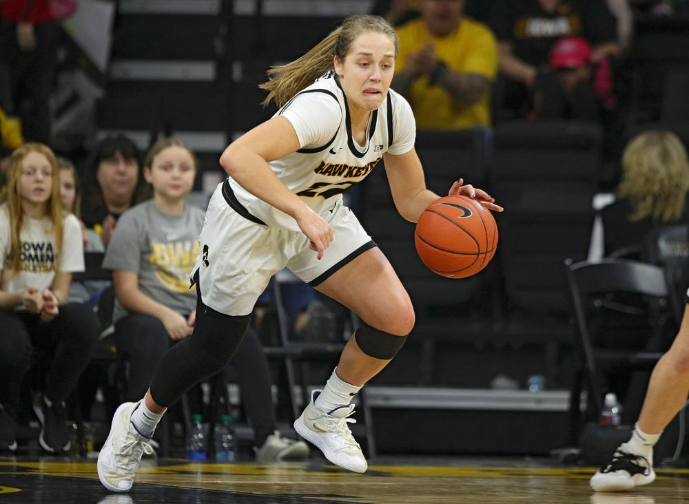 Iowa Hawkeyes guard Kathleen Doyle (22) heads down court after stealing the ball away during the third quarter of their game at Carver-Hawkeye Arena in Iowa City on Sunday, January 26, 2020. (Stephen Mally/hawkeyesports.com)